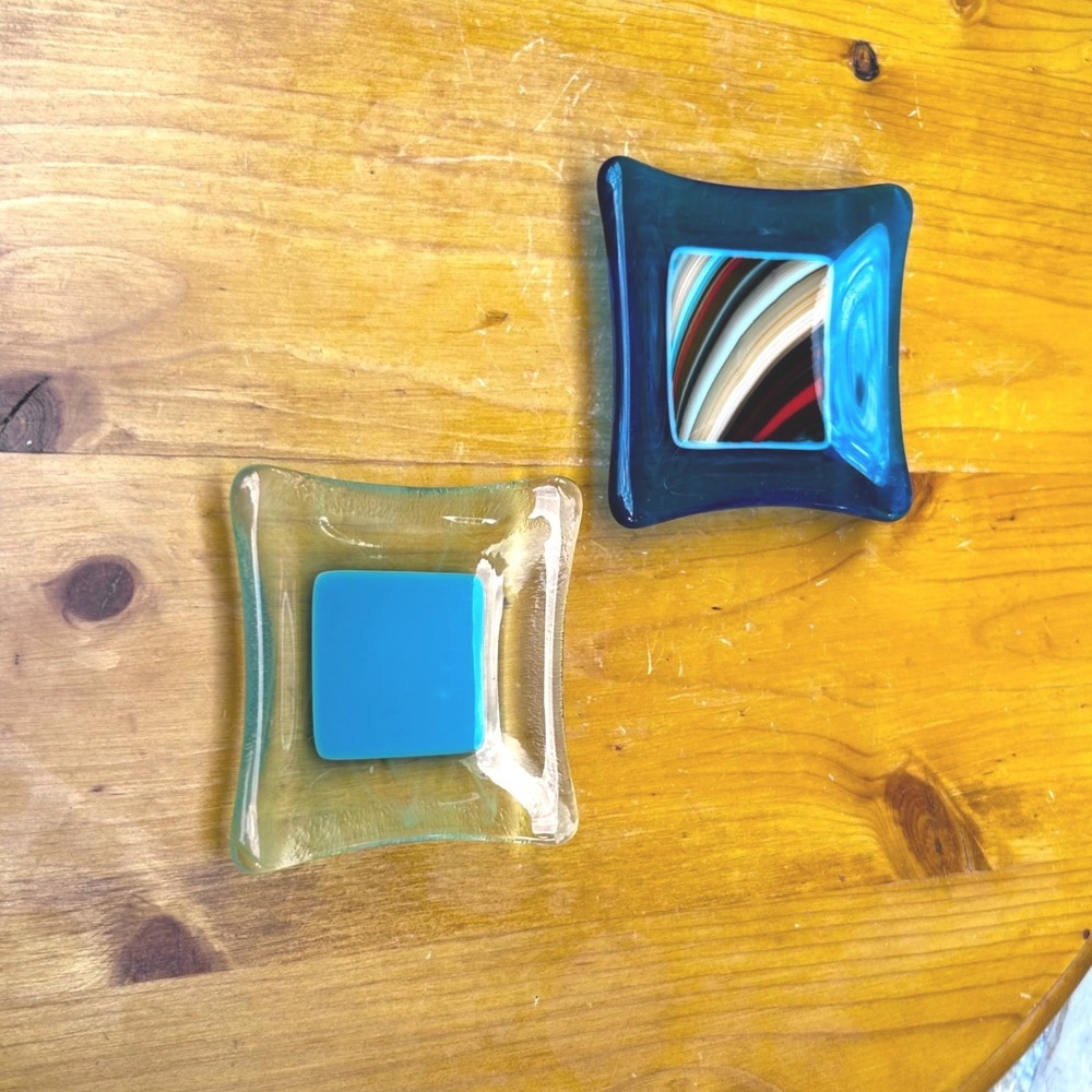 Vintage Fused Glass Trinket Dish Pair Small Blue Turquoise Geometric Retro MCM